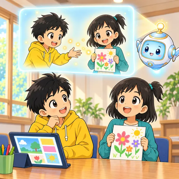 AIロボットが、2人のあいだに声の光がとんで待つ子の顔が明るくなる窓を見せている。