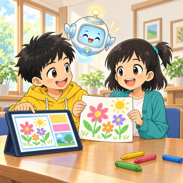 ハルがふり向いてミオの絵を受け取り、2人で画面に入れて笑っている。