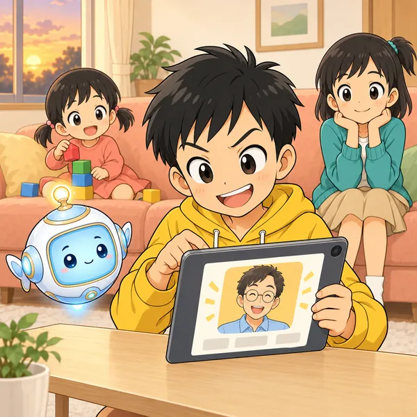 ハルが、タブレットでお父さんの動画を探し、声をまねしようとしている。