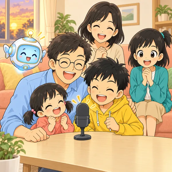 お父さんとハルと妹が、いっしょにマイクを囲んで笑っている。