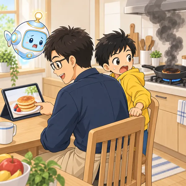 タブレットに夢中になっている間に、フライパンのホットケーキがこげてけむりが上がっている。