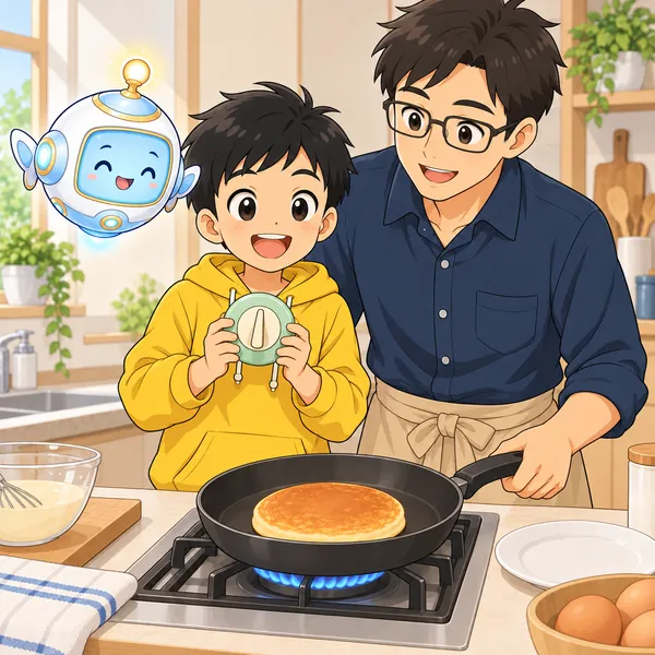 タイマーを持ったハルの横で、きつね色のホットケーキが焼け、お父さんとAIロボットも笑顔になっている。