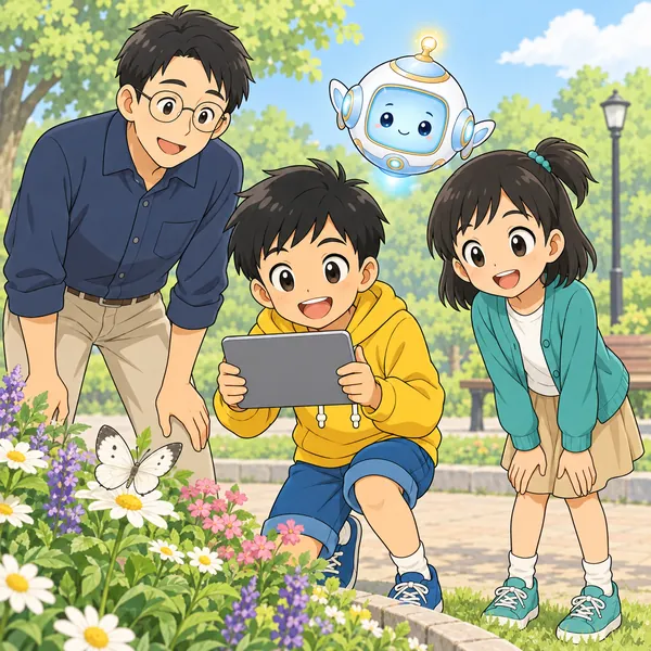公園の花だんのそばで、ハルが白っぽいちょうをタブレットで撮り、ミオとお父さんがそばにいる。