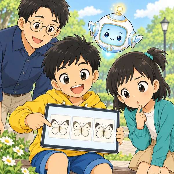 画面によく似たちょうの候補が3つ並び、ハルが1つ目を指さし、ミオが首をかしげている。