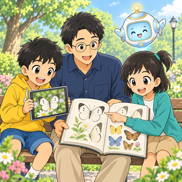 ベンチで、お父さんが開いた図鑑と写真のもようを、ハルとミオが見比べてなっとくしている。