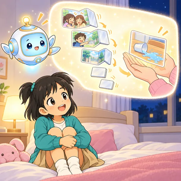 AIロボットが、窓を一つずつ閉じ、閉じきれないものを大人にわたす絵を見せている。