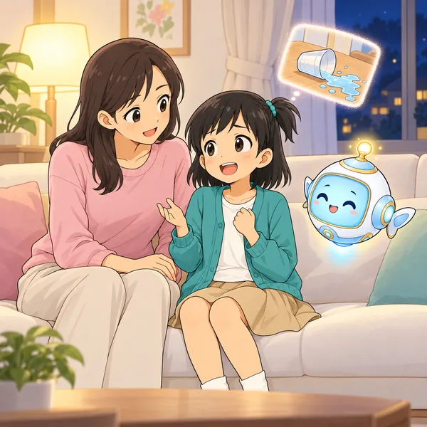 ミオが母に話し、窓が一つだけ小さく残っている。
