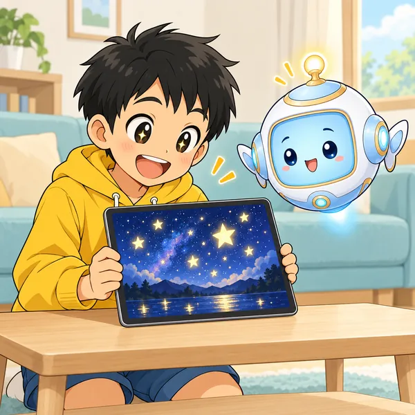 ハルが、星のことを答えたAIの画面を見て感心している。