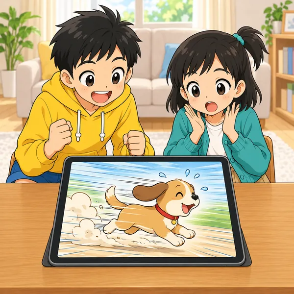 タブレットの犬がものすごい速さで走り、ハルが笑っている。