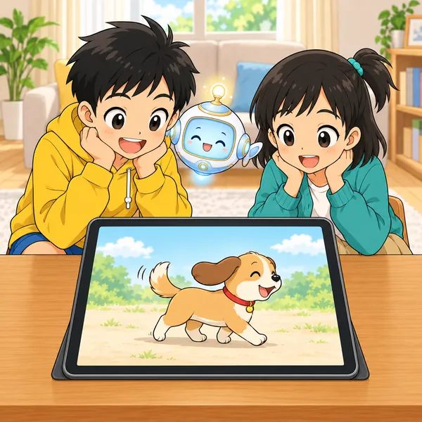 タブレットの犬がのんびり歩き、ミオとハルがほっとした笑顔で見ている。
