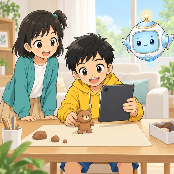 リビングで、ハルがタブレットを手で持って、ねんどのくまを1枚ずつ撮っている。