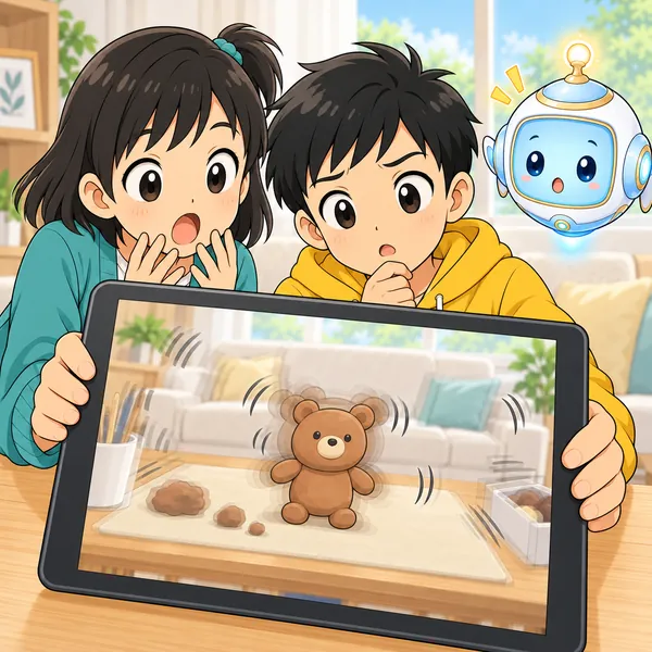 再生した画面で、背景ぜんたいがガクガクずれ、ミオがおどろいている。