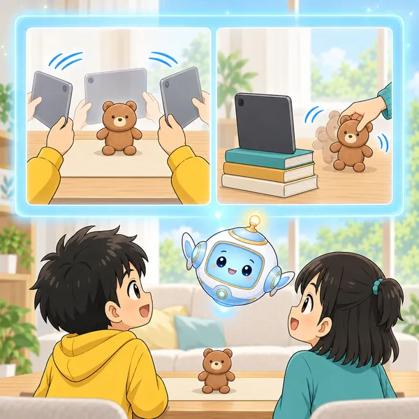 AIロボットが、手で持つとずれる絵と、台に置いて撮る絵を窓に見せている。