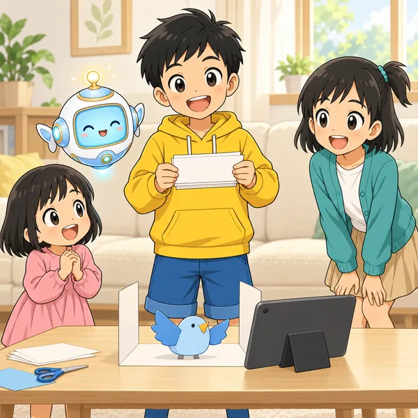ハルが、紙の小鳥がはばたくアニメを少ない枚数で撮り終え、うすい紙の束を手にしている。