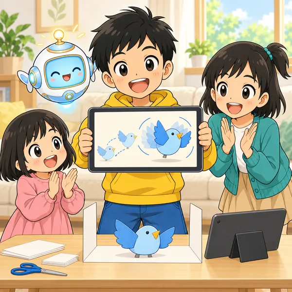 はばたく所だけ写真を足したアニメを再生し、妹とミオが拍手している。