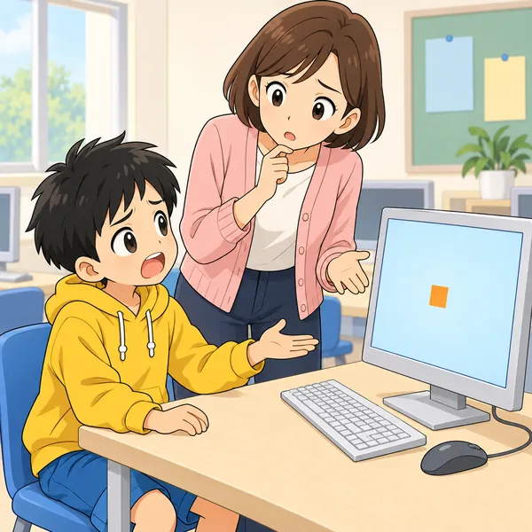 パソコン教室。ハルが「動かない」とだけ言って、先生が困った顔で首をかしげている
