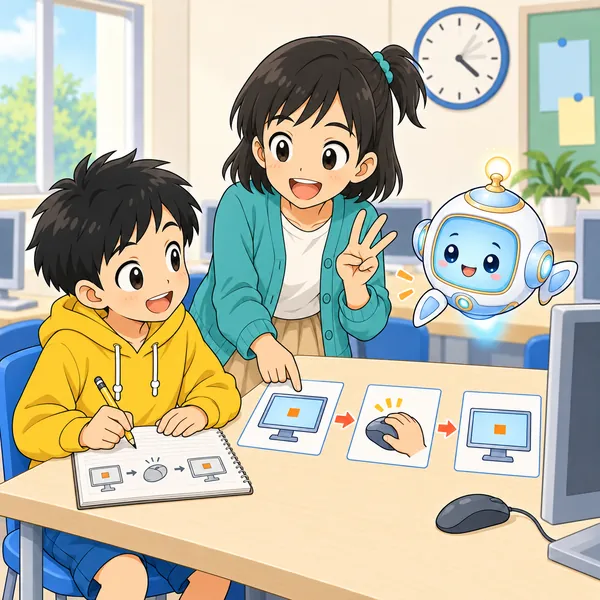 ミオとアイが、どこまでやって、なにをしたら、どうなったか、の3つを順に伝えるコツを教えている