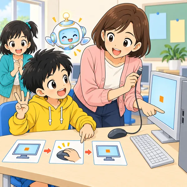 ハルがその3つを順に説明し、先生がすぐに原因を見つけて、二人とも笑顔になっている