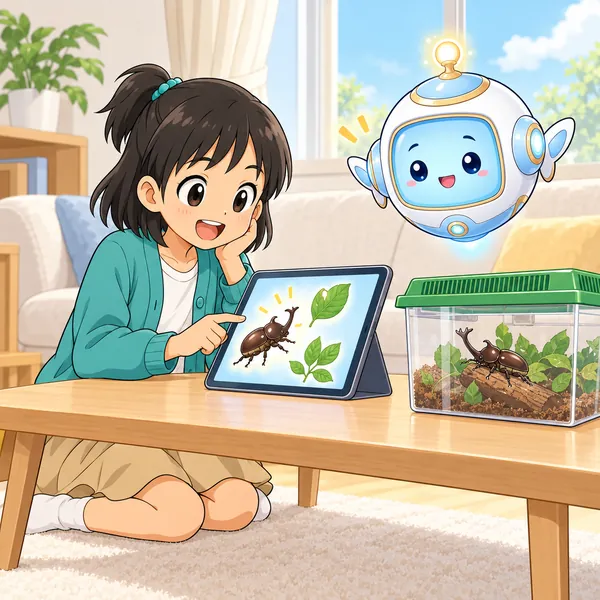ミオがかぶと虫の虫かごのそばでタブレットを見ている。
