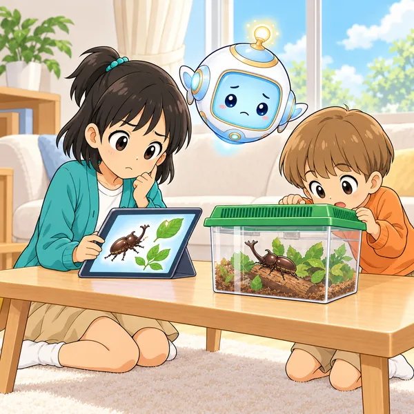 ミオが首をかしげ、弟が虫かごをのぞいている。