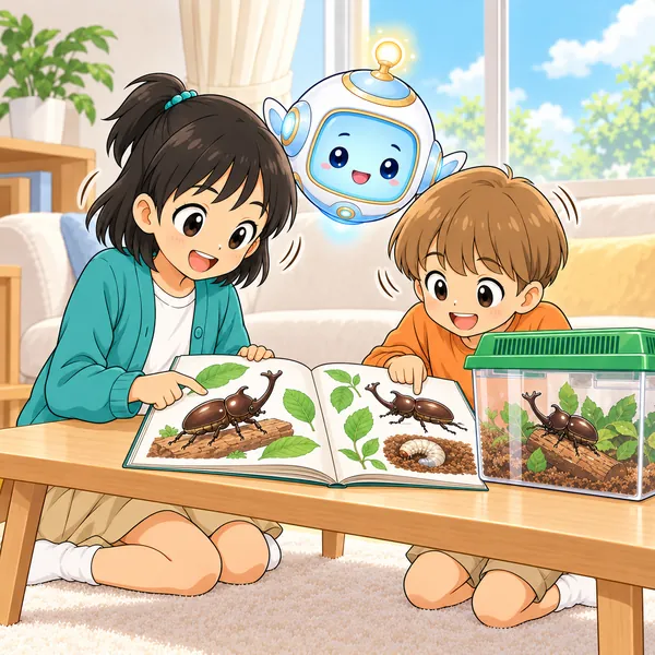 ミオと弟が飼い方の本を見てうなずいている。