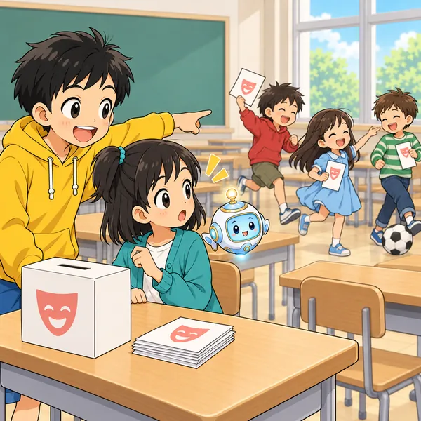 ハルが、まだアンケートを出していない子どもたちを指さしている。