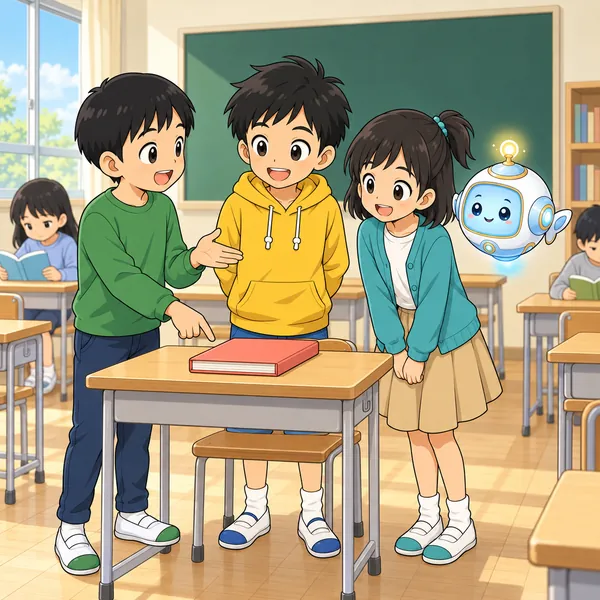 ハルとミオの前で、転校してきた男の子が本を指さしている。