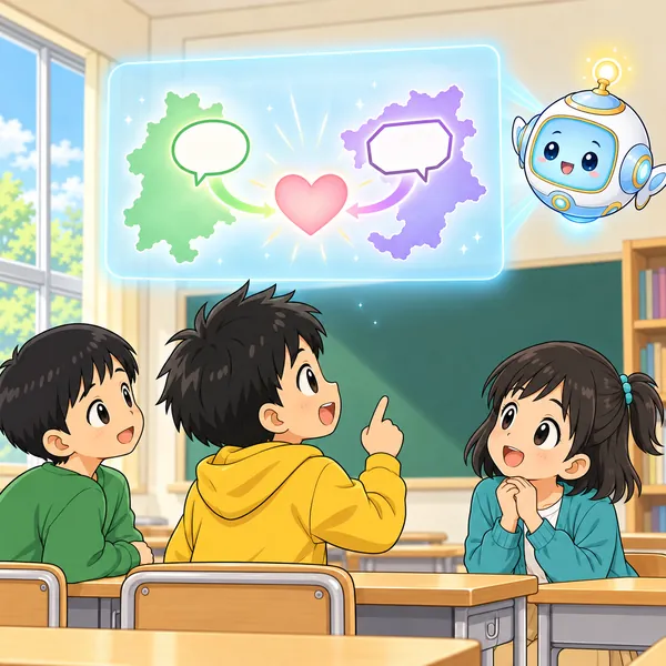 AIロボットが、二つの地いきの吹き出しが真ん中でハートになる絵を見せている。