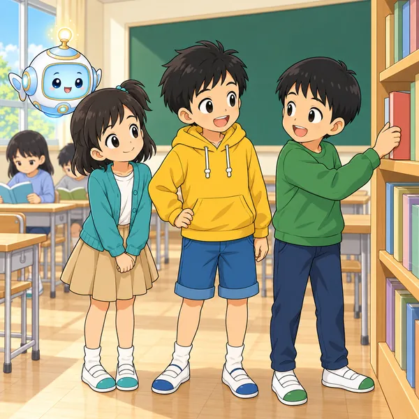 ハルと男の子が笑い合い、男の子が本を本だなにしまっている。