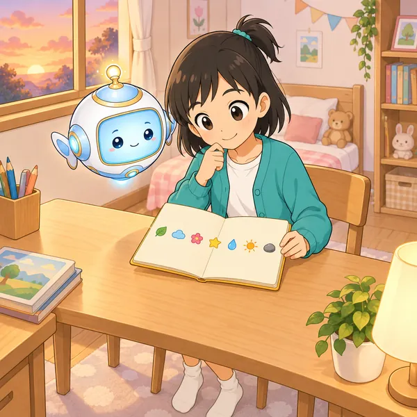 ミオが小さなノートを開いている。