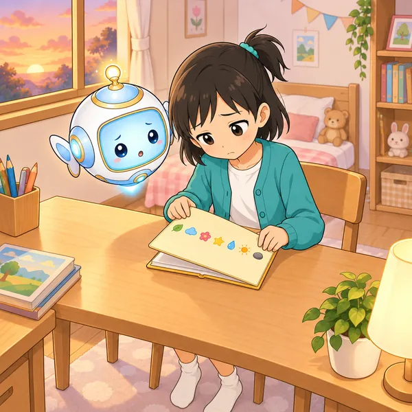 ミオがノートを閉じかけてため息をついている。