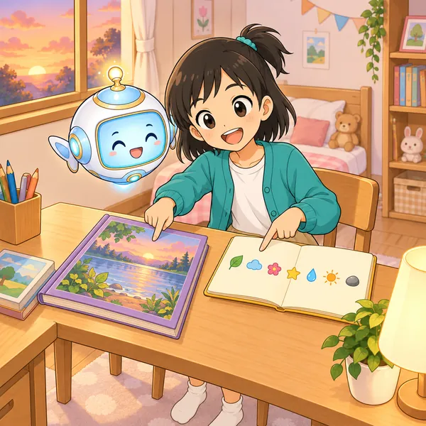 ミオが本とノートを交互に指さしてうれしそうにしている。