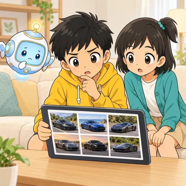 リビングでハルがタブレットで調べると、黒いスポーツカーの写真ばかり並び、こまっている。