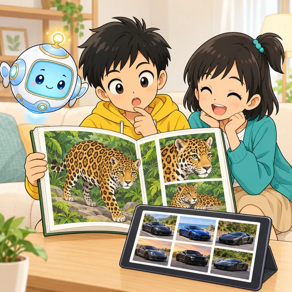 ハルが動物図鑑のジャガーのページとタブレットの車を見比べ、ミオが笑っている。