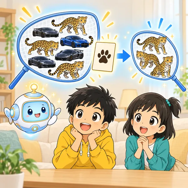 AIロボットが、カードを1枚足すと網が小さくなり動物だけがすくえる絵をうかべている。