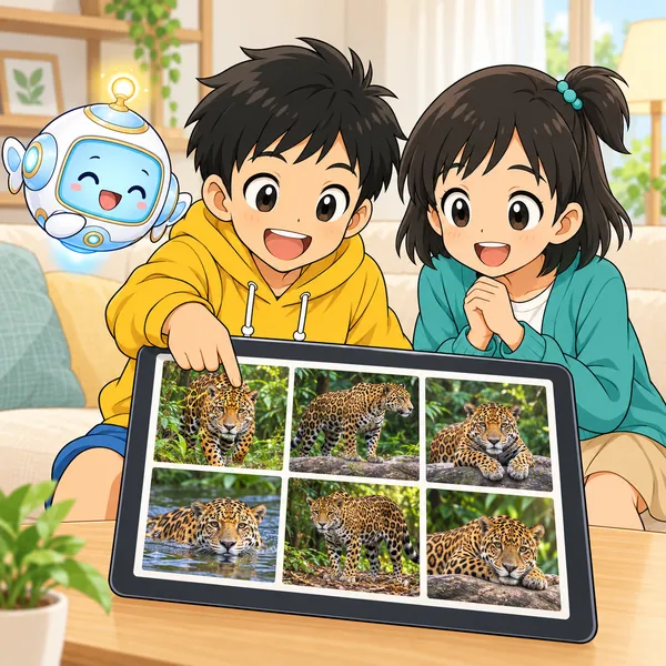 タブレットにジャングルのジャガーの写真が並び、ハルがうれしそうに指さしている。