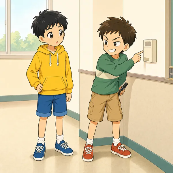 別の小学生の友だちが、ハルによくないこと(ルール違反のいたずら)を、にやにやしながら「いっしょにやろう」と誘っている