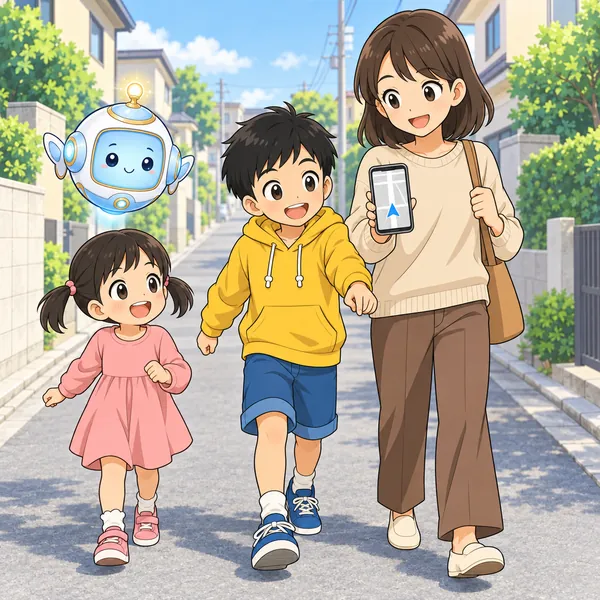 住宅街の道で、ハルがお母さんのスマホの道案内を見ながら進もうとしている。