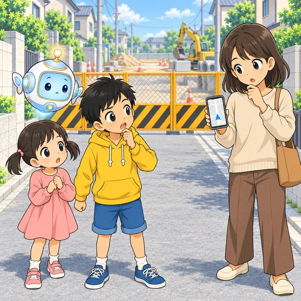 道の先が工事のさくでふさがれ、画面の矢印はまっすぐのままで、ハルが困っている。