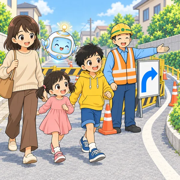 ハルとお母さんと妹が、係の人が示す回り道をにっこり歩いている。