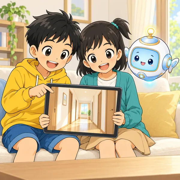 ハルとミオがタブレットで、ふつうのろうかの動画を見ている。