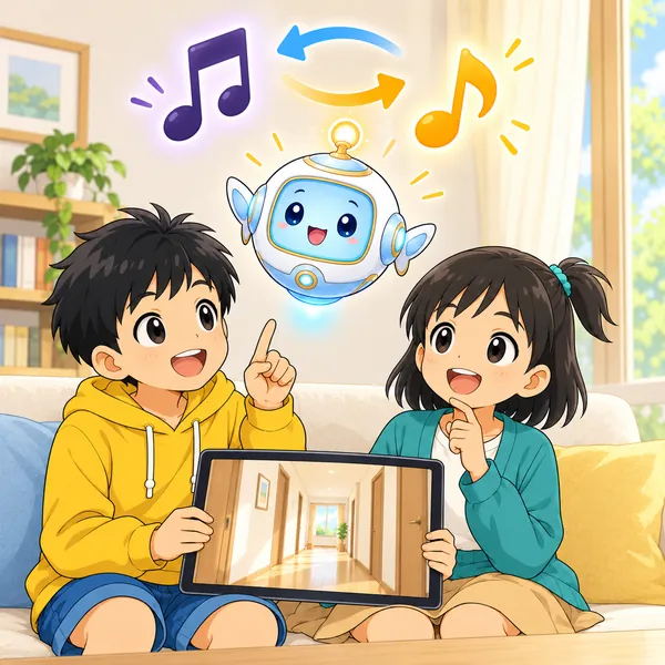 AIロボットが暗い音符と明るい音符をうかべて入れかえている。