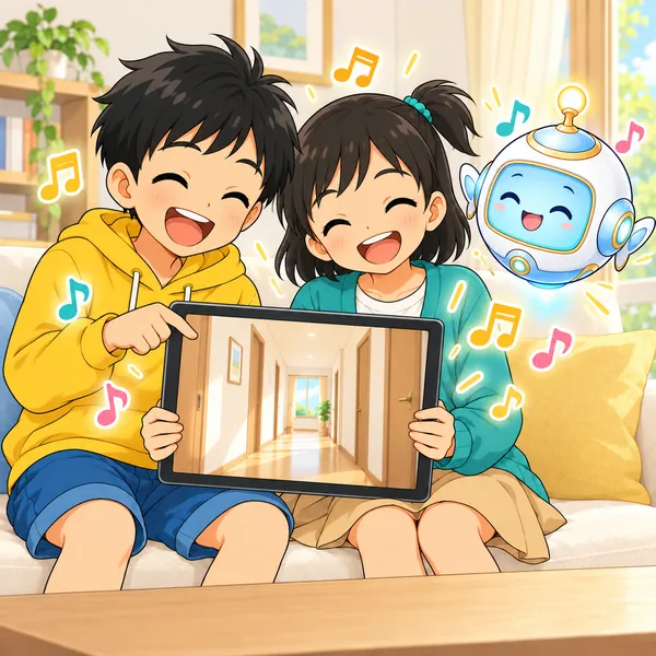 明るい音楽をつけた動画を見て、ハルとミオが楽しそうに笑っている。
