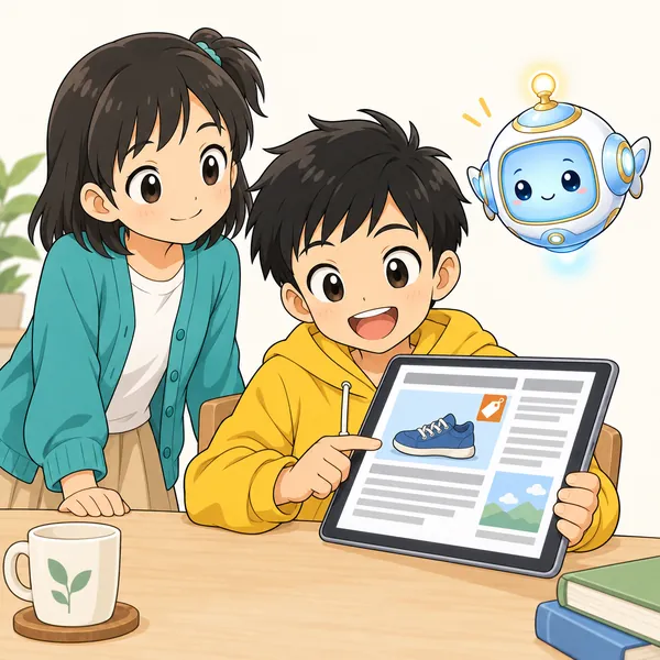 ハルがタブレットで、記事のように見えるページを読んで、すっかり感心している