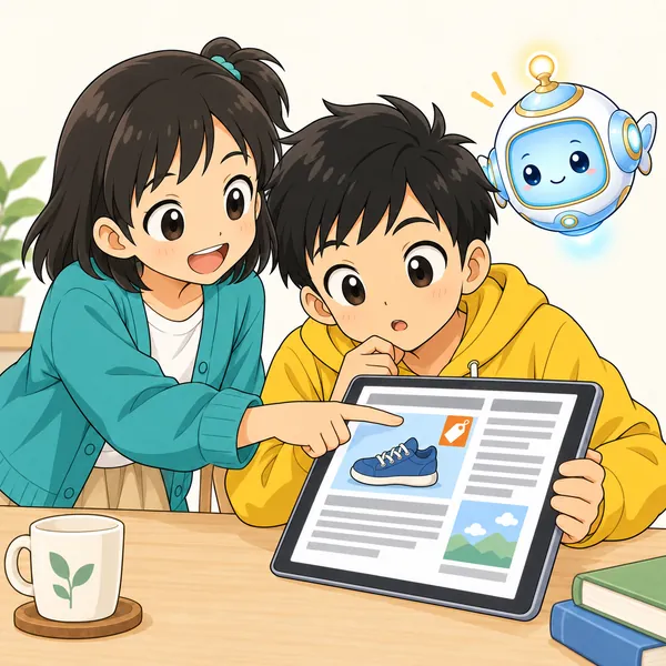 ミオが画面のすみにある小さな表示を指さしている