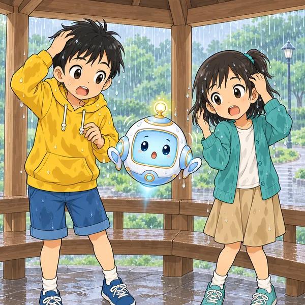 公園で急に雨がふり、ハルとミオが屋根の下にかけこんでいる。