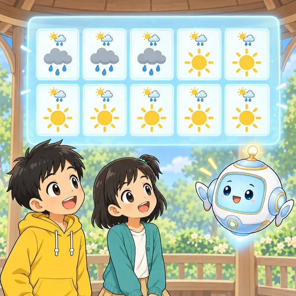 AIロボットが、同じ予報の日10日のうち3日に雨の絵がある窓を見せている。
