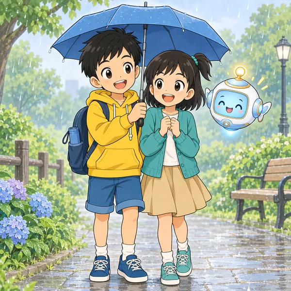 雨の公園で、ハルが折りたたみ傘を広げ、ミオもいっしょに入って笑っている。