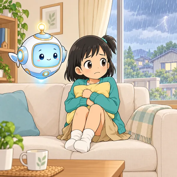 留守番中のミオが、外の雨とかみなりにおどろいて、クッションをだきしめている。