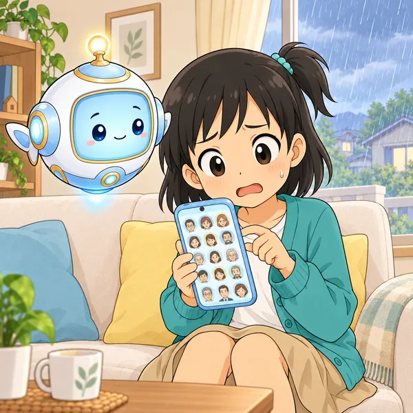 ミオが電話で、たくさんの連絡先の中からお母さんをさがせずにあわてている。